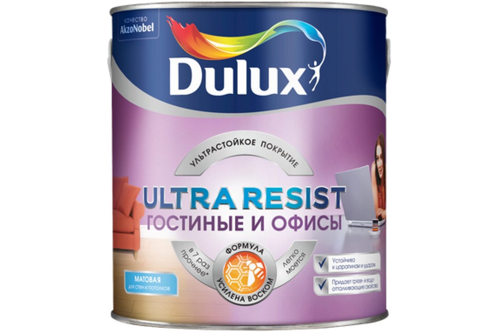 Купить краска латексная dulux ultra resist гостиные и офисы баз bw 2,5 л фото №1