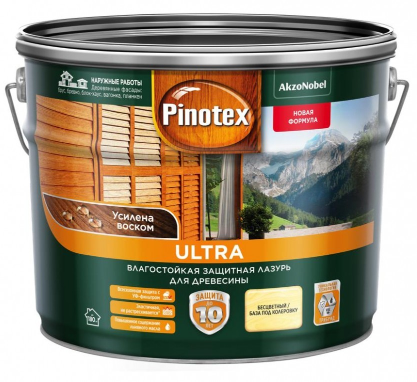 Купить лазурь влагостойкая для древесины pinotex ultra clr бесцветный 9 л фото №1