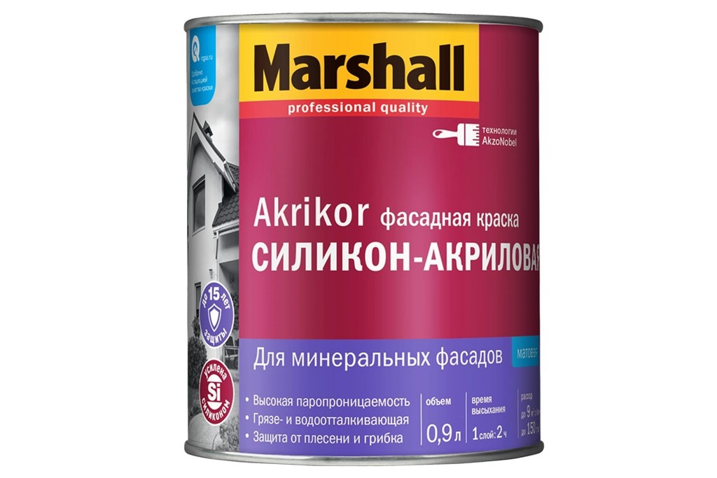 Купить фасадная матовая краска силикон-акриловая marshall  akrikor баз вw 0,9 л фото №1