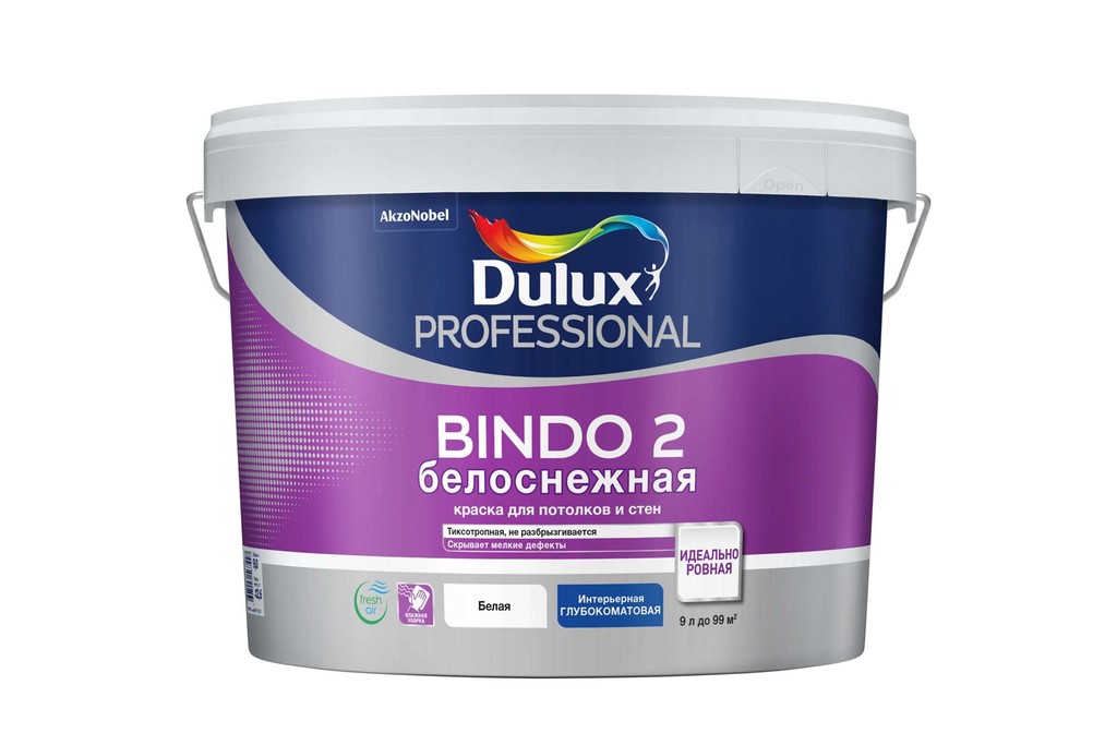 Купить краска для потолков глубокоматовая dulux professional bindo 2 снежно-белый баз bw 9 л 5302494 фото №1