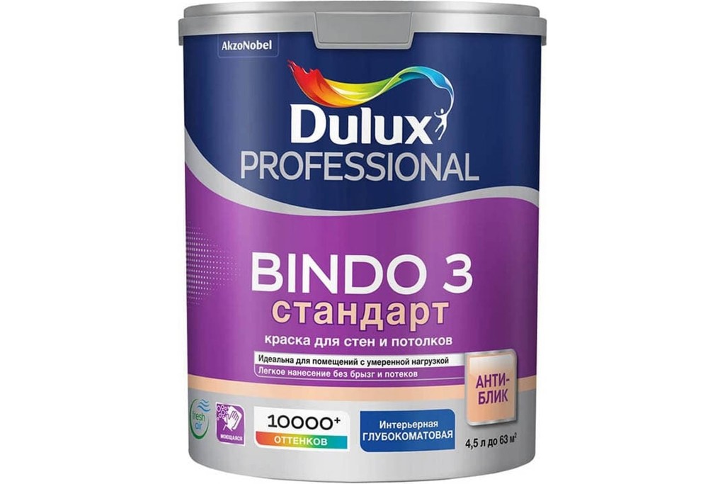 Купить краска для потолков глубокоматовая dulux professional bindo 3 белый баз bw 4.5 л фото №1