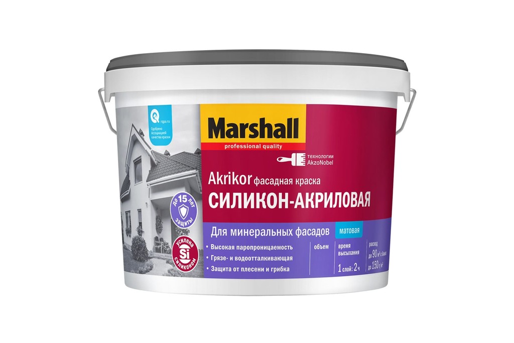 Купить фасадная матовая краска силикон-акриловая marshall  akrikor баз вw 2,5 л фото №1