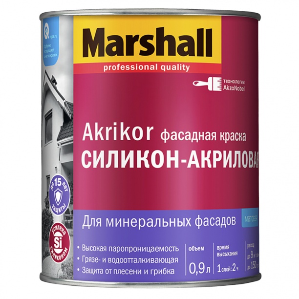 Купить фасадная матовая краска силикон-акриловая marshall  akrikor баз вс 0,9 л фото №1